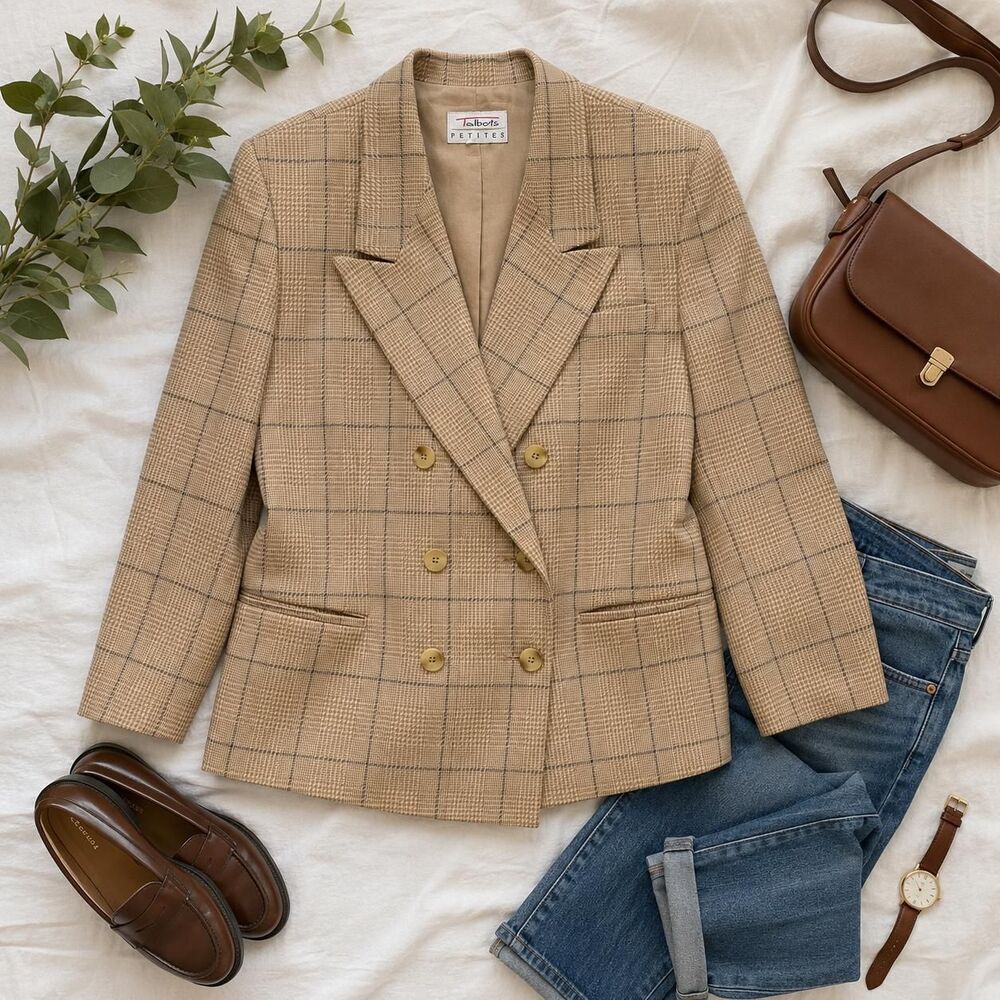Vintage 90s Talbots Wool Blazer Petite Plaid Double Breasted Academia Preppy
